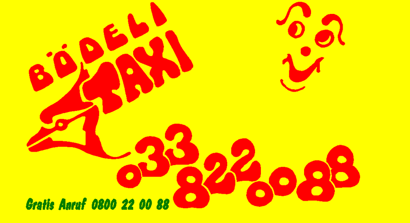 Bright yellow and red Boedeli Taxi Logo